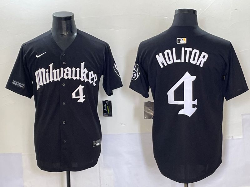 Men 2025 Milwaukee Brewers #4 Molitor Black Five generations Joint Name Nike MLB Jersey style 10->milwaukee brewers->MLB Jersey